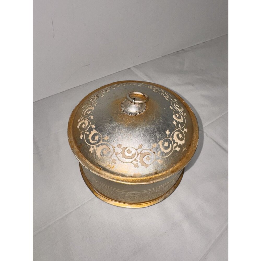 Vintage Gold & Silver Tin Round Storage Box With Lid Decorative Floral Scroll De - Picture 2 of 10